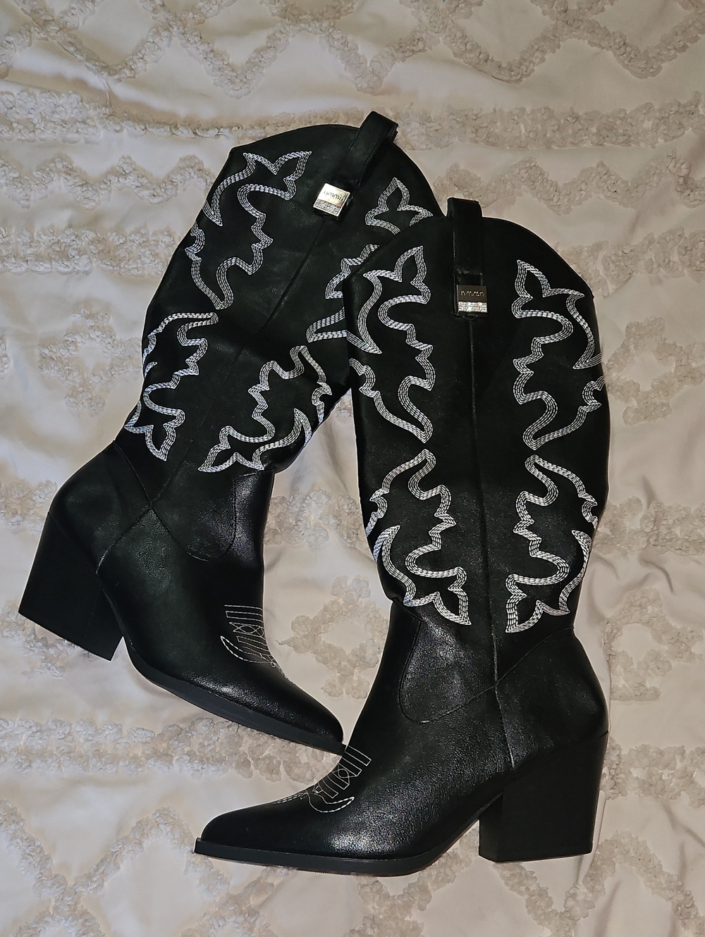 Black Embroidered Mid-Calf Boots - Women Size 8.5